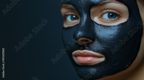 Young woman applying rejuvenating black cosmetic face mask