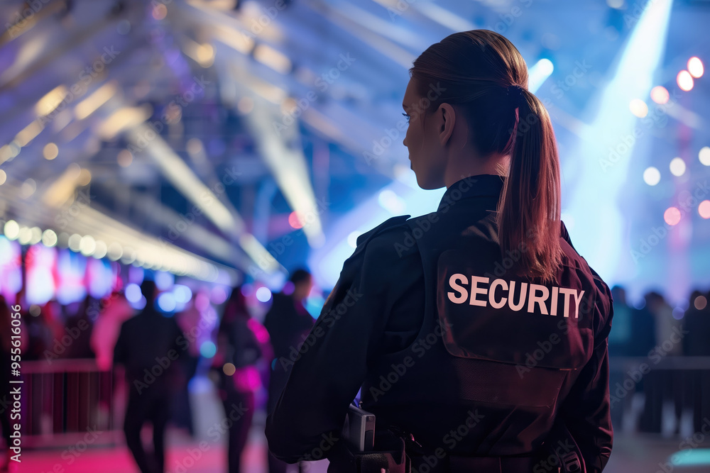 Female security guard maintaining vigilance at a high-energy indoor event with dynamic lighting, ensuring safety and order in a crowded environment Female security guard maintaining vigilance at a high-energy indoor event with dynamic lighting, ensuring safety and order in a crowded environment