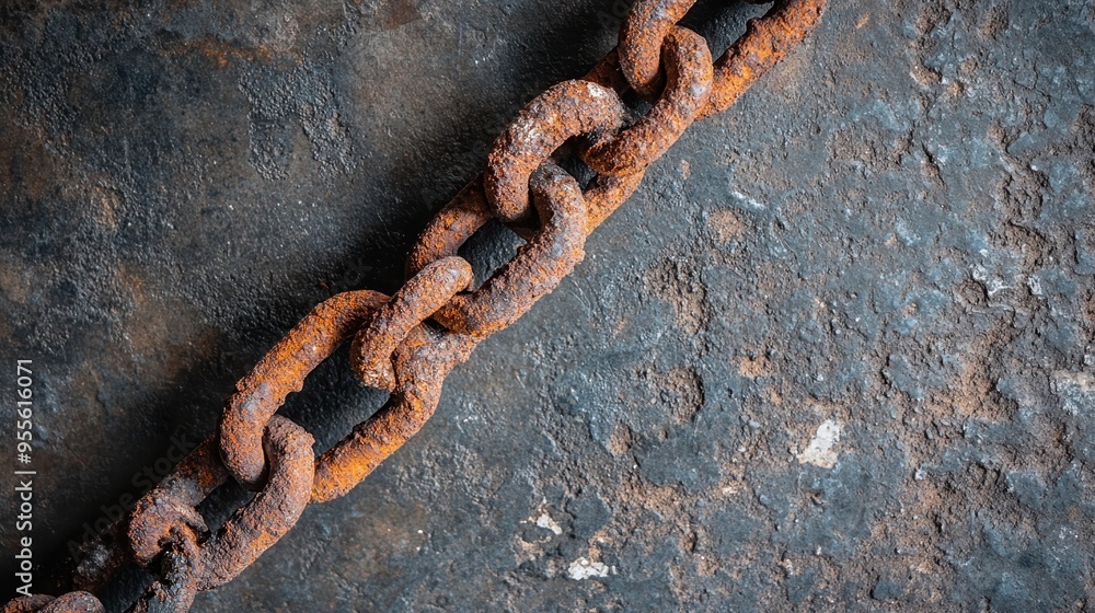 A weathered and rusty chain lying flat on a dark, aged surface, capturing the essence of durability, history, and the inevitable wear and tear over time. A weathered and rusty chain lying flat on a dark, aged surface, capturing the essence of durability, history, and the inevitable wear and tear over time.
