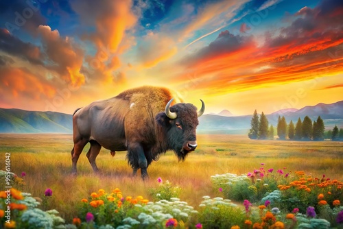 A majestic bison roams a serene, dreamy prairie landscape, with vibrant wildflowers and soft, ethereal watercolor