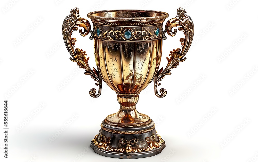 A golden trophy with intricate details, two handles and a base. The trophy has blue gemstones on the top of the rim. It is isolated on a white background. A golden trophy with intricate details, two handles and a base. The trophy has blue gemstones on the top of the rim. It is isolated on a white background.