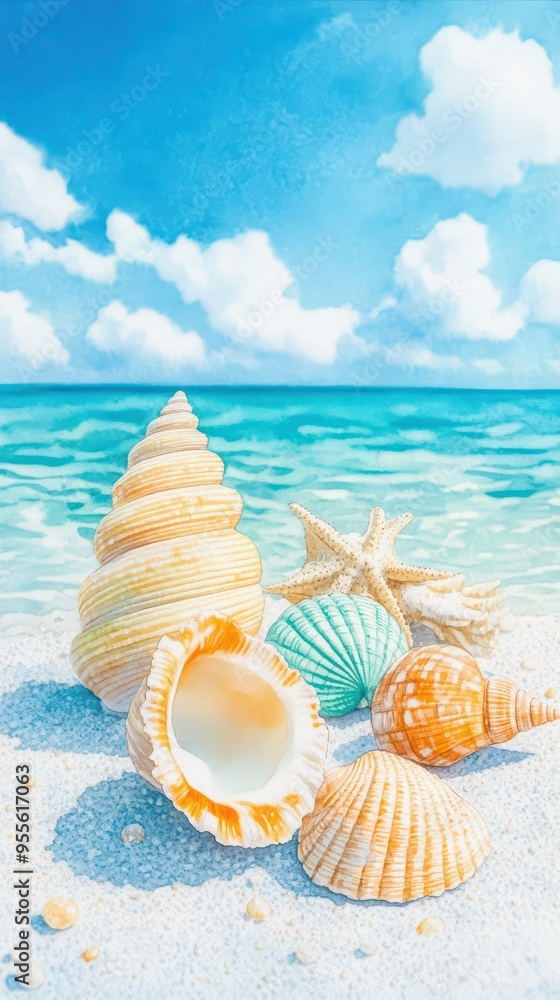 A serene beach scene featuring colorful seashells on soft sand with a backdrop of calm turquoise water and fluffy clouds. A serene beach scene featuring colorful seashells on soft sand with a backdrop of calm turquoise water and fluffy clouds.