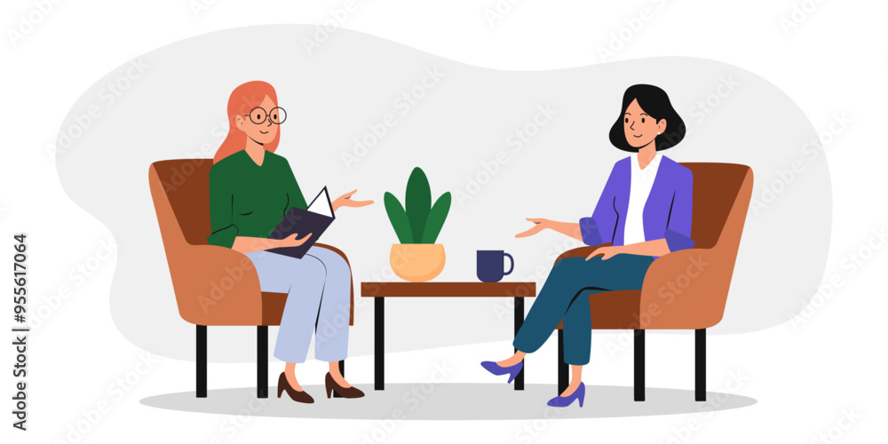 Discussion between two people in a cozy setting with plants and a coffee mug Discussion between two people in a cozy setting with plants and a coffee mug