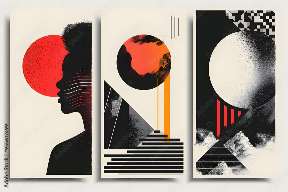 Obraz premium Abstract Triptych Featuring Silhouetted Profile and Geometric Elements