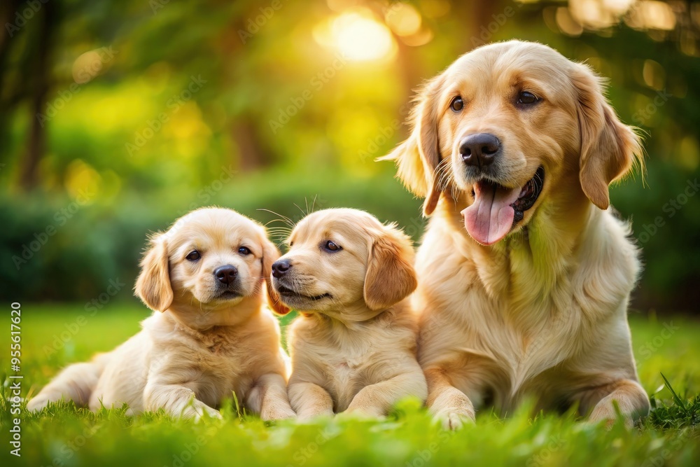 Playful puppies enjoying time with their mother in a sunny garden setting. Generative AI Playful puppies enjoying time with their mother in a sunny garden setting. Generative AI