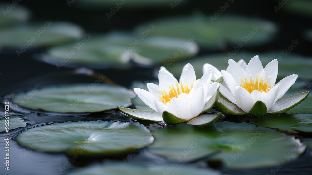 White lotus flowers with bright yellow centers bloom amidst verdant lily pads on a tranquil pond. The image captures nature's peaceful elegance and balance. White lotus flowers with bright yellow centers bloom amidst verdant lily pads on a tranquil pond. The image captures nature's peaceful elegance and balance.