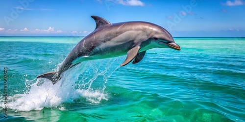 A sleek gray dolphin breaches the calm turquoise ocean water, its dorsal fin slicing the surface as it photo