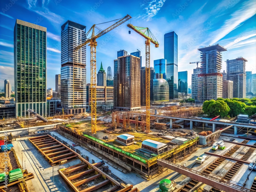 Fototapeta premium A sprawling cityscape with cranes, excavators, and scaffolding amidst a maze of steel beams, concrete slabs, and