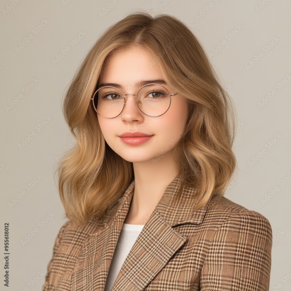 Portrait of a confident student girl with shoulder-length blond hair and glasses wearing a stylish plaid blazer Portrait of a confident student girl with shoulder-length blond hair and glasses wearing a stylish plaid blazer