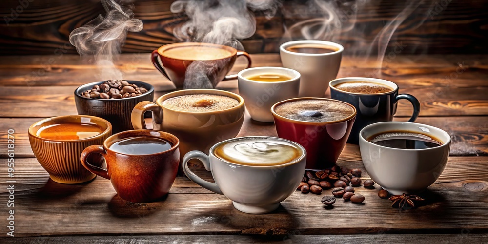 A Variety Of Coffee Cup Sizes Filled With A Steaming Beverage And Arranged On A Wooden Table A Variety Of Coffee Cup Sizes Filled With A Steaming Beverage And Arranged On A Wooden Table