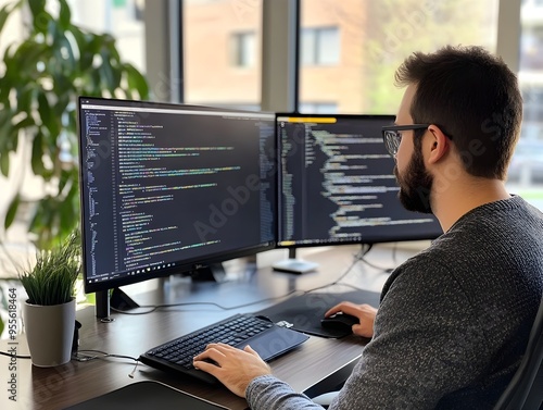 Proficient Programmer Streamlining Website with API and Dual Monitor Setup for Enhanced Productivity