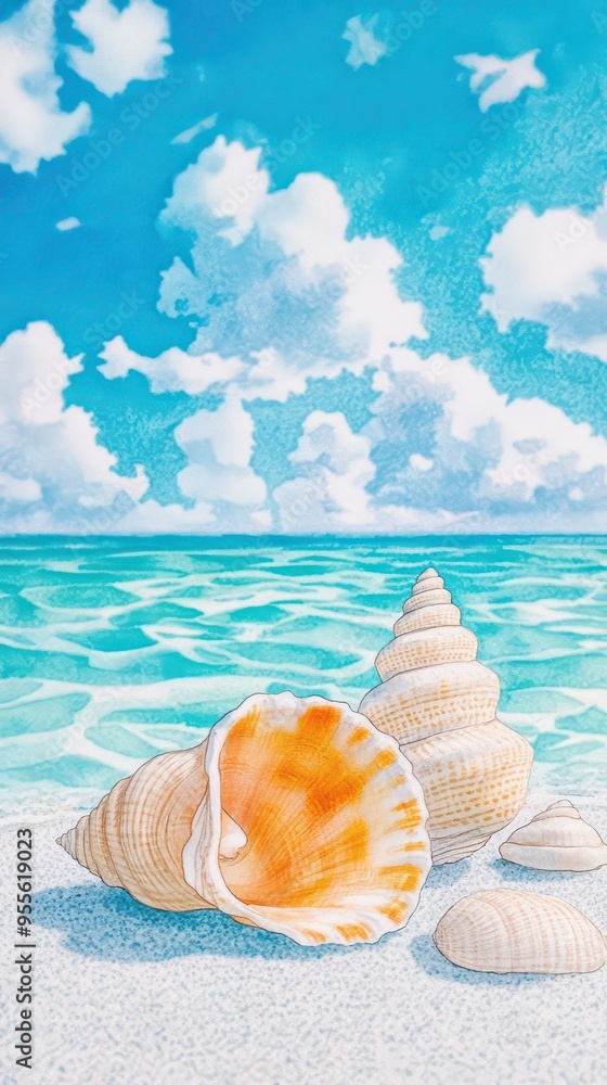A serene beach scene featuring colorful seashells scattered on white sand with a beautiful turquoise ocean backdrop.