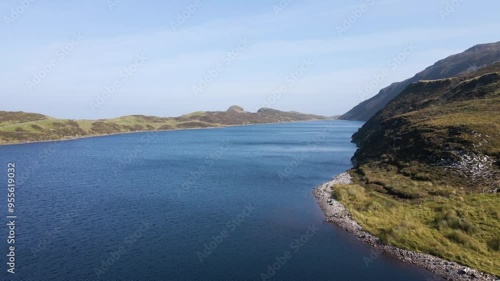 Low drone shot of lake in mountains. Lough Salt, Donegal, Ireland Low drone shot of lake in mountains. Lough Salt, Donegal, Ireland