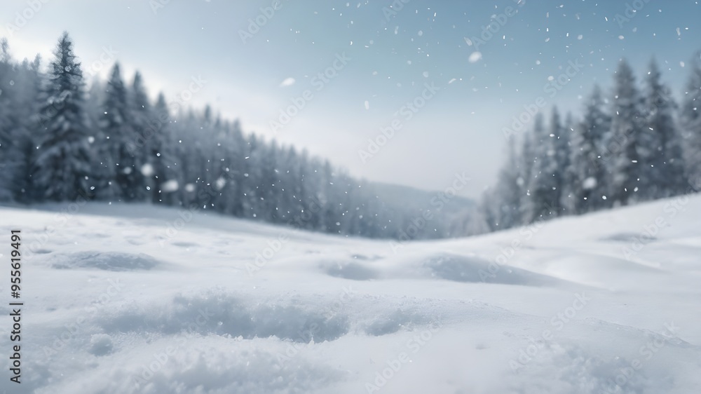 Fototapeta premium Beautiful landscape with snow covered fir trees and snowdrifts.Merry Christmas and happy New Year greeting background with copy-space.Winter fairytale. 