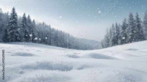 Beautiful landscape with snow covered fir trees and snowdrifts.Merry Christmas and happy New Year greeting background with copy-space.Winter fairytale. 