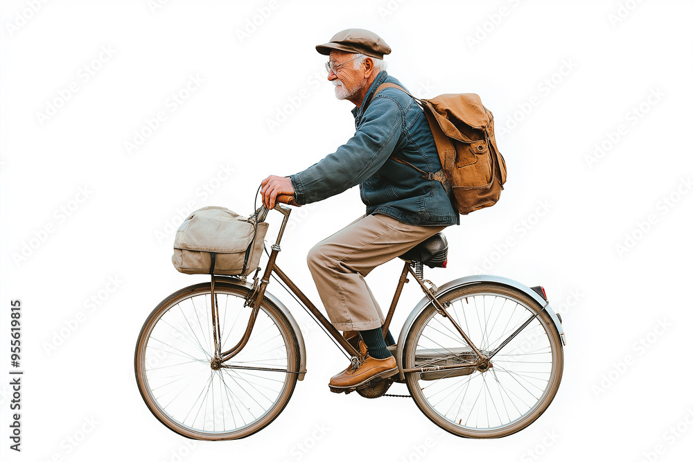 Fototapeta premium Senior man riding bicycle with backpack and basket
