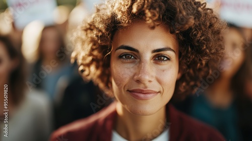 A close-up image of a woman with curly hair attending a peaceful protest, representing empowerment, resilience, and the collective voice of social justice advocacy.