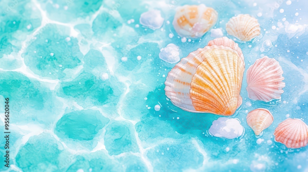 A serene ocean scene with colorful seashells resting on clear turquoise water, creating a tranquil and relaxing atmosphere. A serene ocean scene with colorful seashells resting on clear turquoise water, creating a tranquil and relaxing atmosphere.