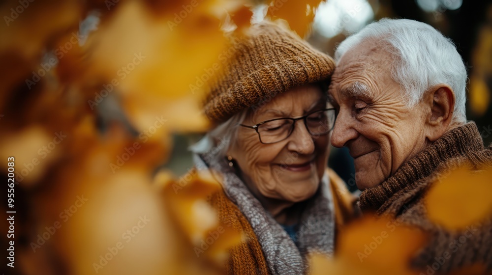 An elderly couple, wrapped in warm clothing, embracing each other with joy and love amid the vibrant autumn leaves, capturing a poignant moment of lifelong affection. An elderly couple, wrapped in warm clothing, embracing each other with joy and love amid the vibrant autumn leaves, capturing a poignant moment of lifelong affection.