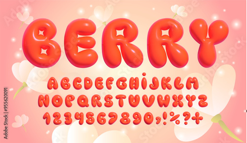 Bright 3d font. Colorful, juicy, berry three-dimensional alphabet in red color, on a background with flowers. Fashionable style of 2000 years