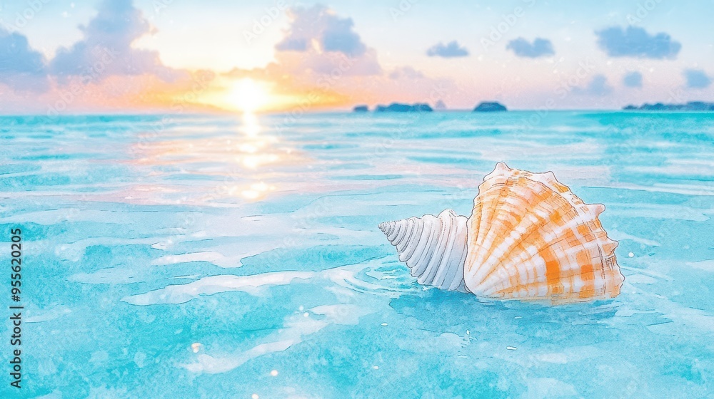 A serene sunset over calm waters, featuring beautiful seashells resting uniquely on the sparkling ocean surface. A serene sunset over calm waters, featuring beautiful seashells resting uniquely on the sparkling ocean surface.