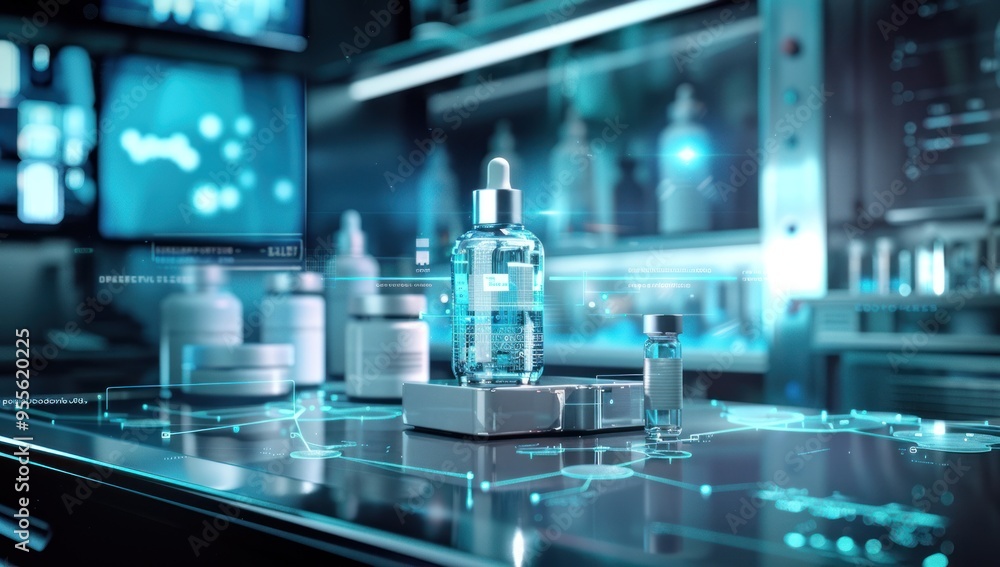 A futuristic and high-tech laboratory background with holographic screens displaying digital data A futuristic and high-tech laboratory background with holographic screens displaying digital data