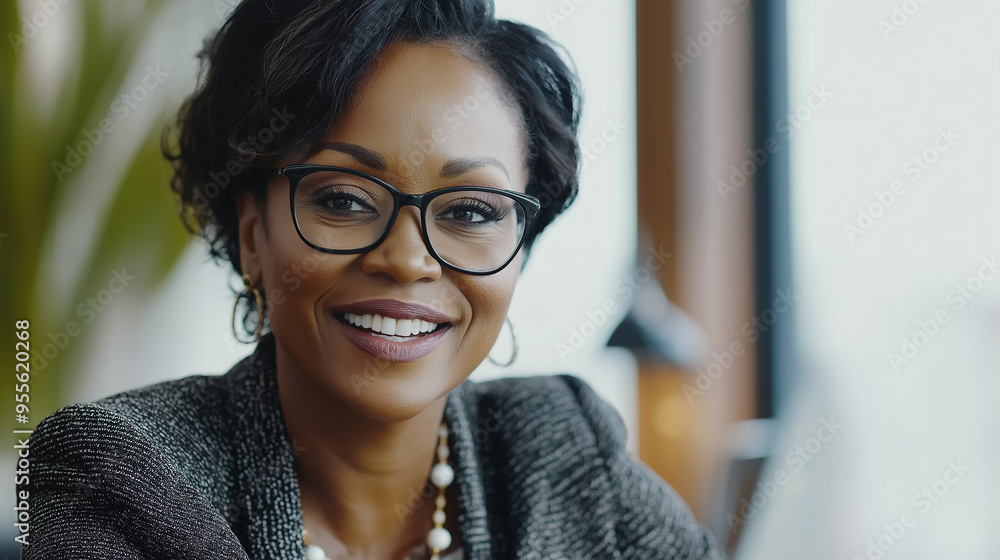 Businesswoman smiling in office building wearing glasses Businesswoman smiling in office building wearing glasses
