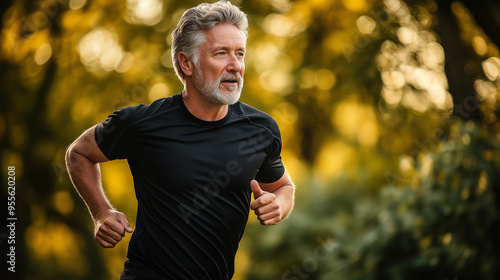 Senior man jogging in nature enjoying healthy lifestyle photo