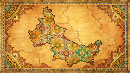 Colorful illustration of Punjab state outline on a vintage-style map of India, highlighting Amritsar, Ludhiana, and photo