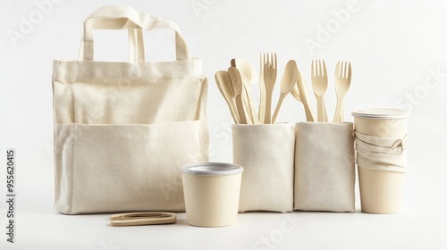 Reusable Canvas Bag with Wooden Utensils and Paper Cups