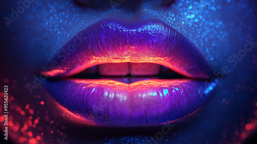 Woman showing neon lips with colorful makeup posing under blacklight photo