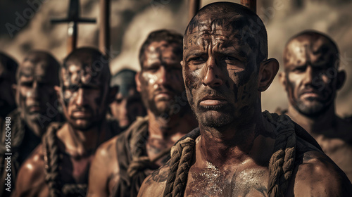 Group of dirty and sweaty Caucasian men - slaves, criminals, and convicts bound with ropes under the sun of a desert. Historical scene of ancient slavery