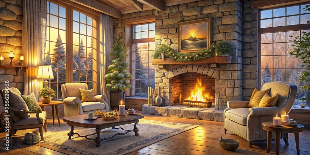 Cozy winter scene of a crackling fireplace with soft, golden light casting a warm glow on surrounding rustic Cozy winter scene of a crackling fireplace with soft, golden light casting a warm glow on surrounding rustic