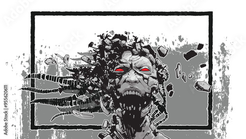 Graphic illustration of a head screaming aggressively, with a shattered and fragmented effect, conveying intense emotion and chaos.