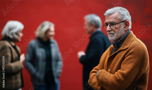 Senior man feeling excluded by group of friends standing with arms crossed