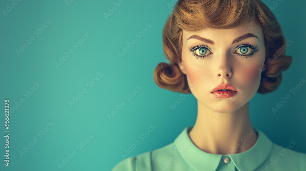 A photo portrait of an artificial and immaculate retro vintage style housewife looking directly into camera with a blank expression. Turquoise background. Landscape wide 16:9 with copy space. A photo portrait of an artificial and immaculate retro vintage style housewife looking directly into camera with a blank expression. Turquoise background. Landscape wide 16:9 with copy space.