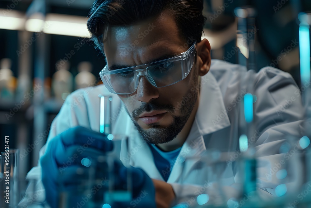 Focused Scientist Conducting Experiments in a Modern Laboratory Focused Scientist Conducting Experiments in a Modern Laboratory