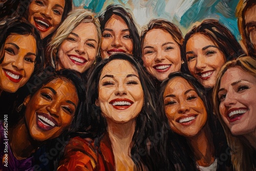 Paintings of Women. Business Women in Office Selfie with Happy Friends, Smiling Together in Support of Collaboration