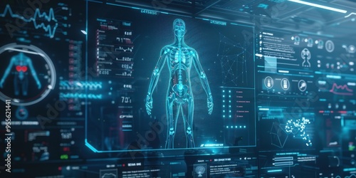 A futuristic medical display with holographic images of the human body photo