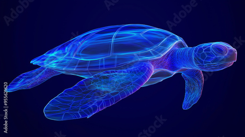 Glowing low poly sea turtle swimming in deep blue ocean