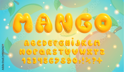 yellow 3d vector font. Summer inflatable bubble stylish English alphabet in mango color