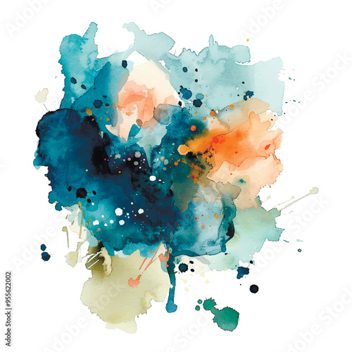 Colorful watercolor splash splatter stain brush strokes on white background. Modern vibrant aquarelle spot. Blue orange colors trendy isolated design on white. Element. Vector watercolor illustration.