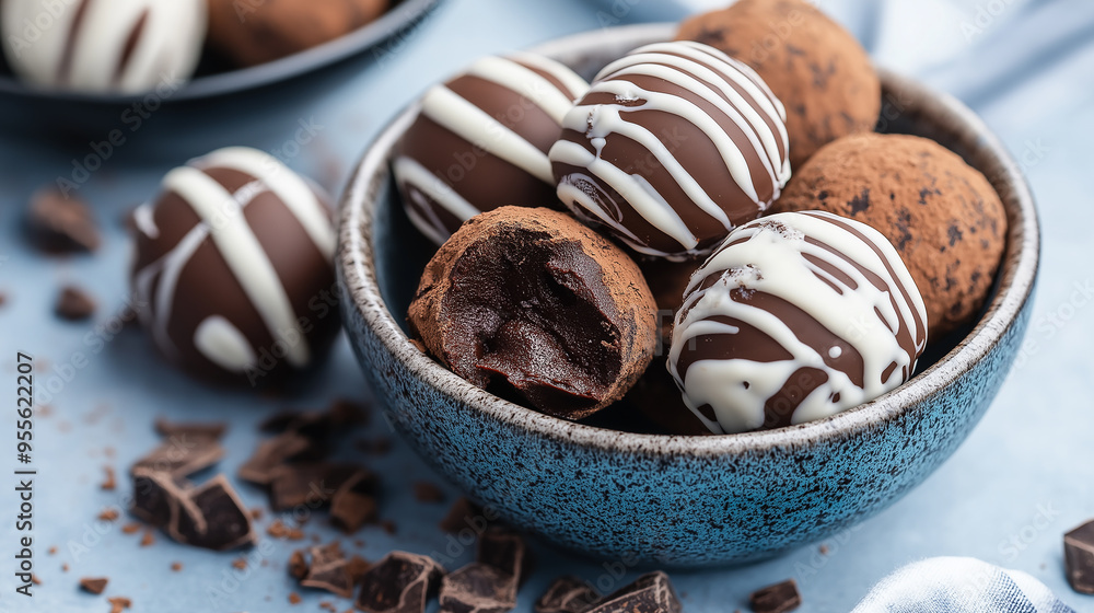 Chocolate truffles sitting in blue bowl with one showing creamy center Chocolate truffles sitting in blue bowl with one showing creamy center