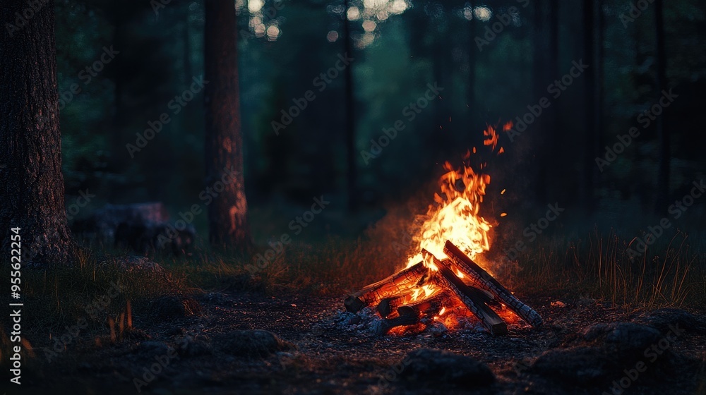 Woods At Night. Campfire in Finland's Chilly Autumn Evening Woods At Night. Campfire in Finland's Chilly Autumn Evening