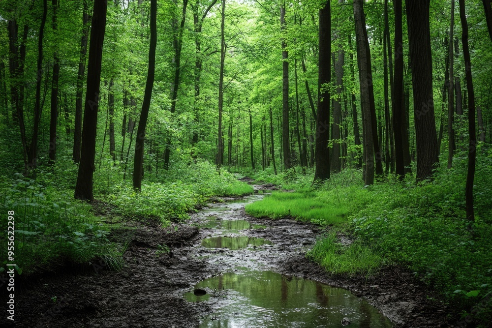 Woods With Creek. Serene Forest Landscape with Babbling Creek and Lush Green Trees Woods With Creek. Serene Forest Landscape with Babbling Creek and Lush Green Trees