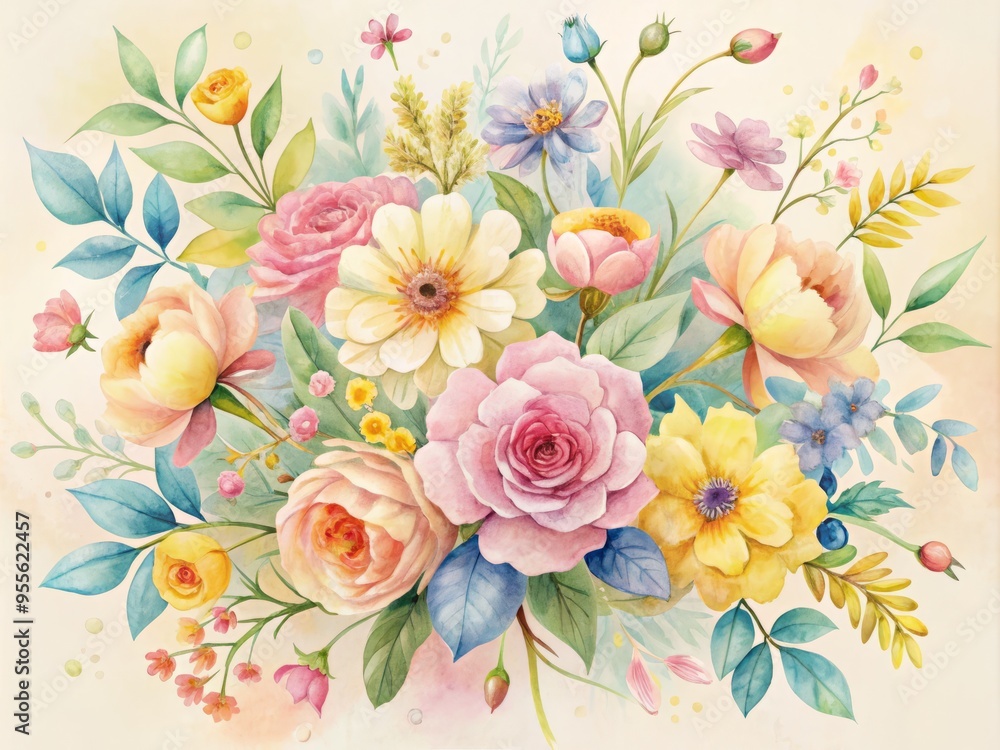 Delicate watercolor flowers in soft hues of pink, yellow, and blue, arranged in a whimsical bouquet against a Delicate watercolor flowers in soft hues of pink, yellow, and blue, arranged in a whimsical bouquet against a