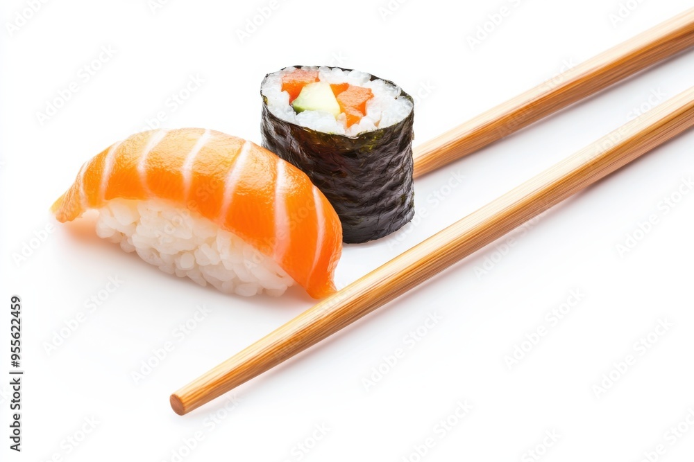 Appetizing sushi with salmon nigiri and vegetable maki roll with chopsticks on white background Appetizing sushi with salmon nigiri and vegetable maki roll with chopsticks on white background