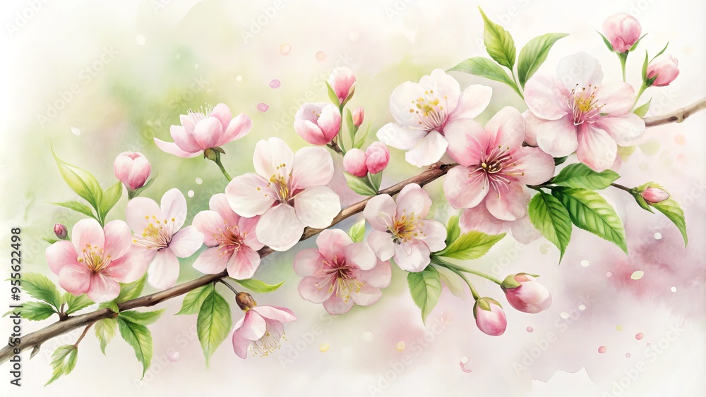 Fototapeta premium Delicate watercolor illustration of a beautiful cherry blossom branch with soft pink flowers and gentle green leaves