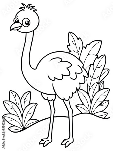 Cute Ostrich Cartoon Art Vector svg lineart coloring page photo