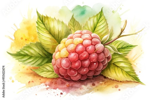 Delicate watercolor illustration of a plump, ripe raspberry surrounded by soft, blended hues of pink, yellow, and green